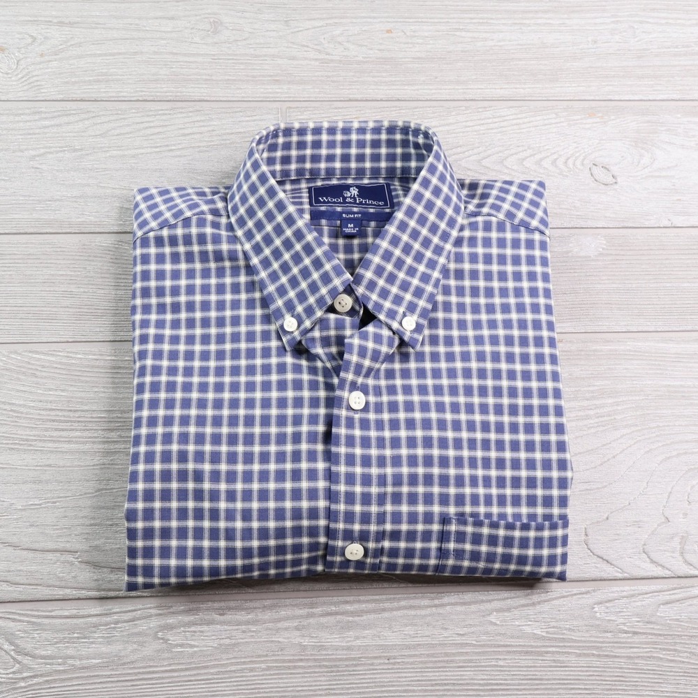 Wool & Prince Slim Merino Wool Gingham Shirt Men's M Blue White